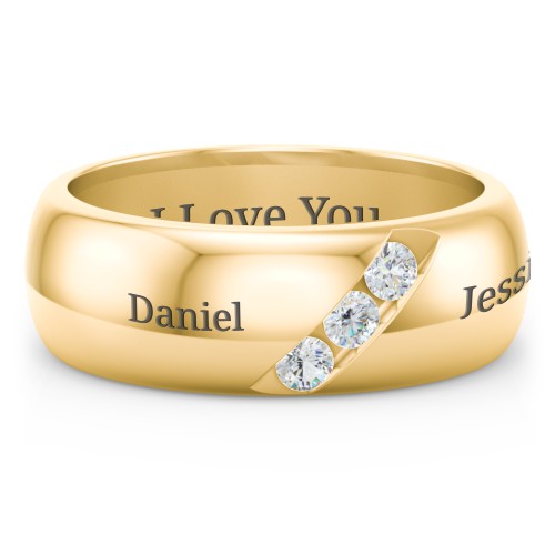 Men's Triple Stone Grooved Ring – 10K Yellow Gold with Diamond and Cubic Zirconia