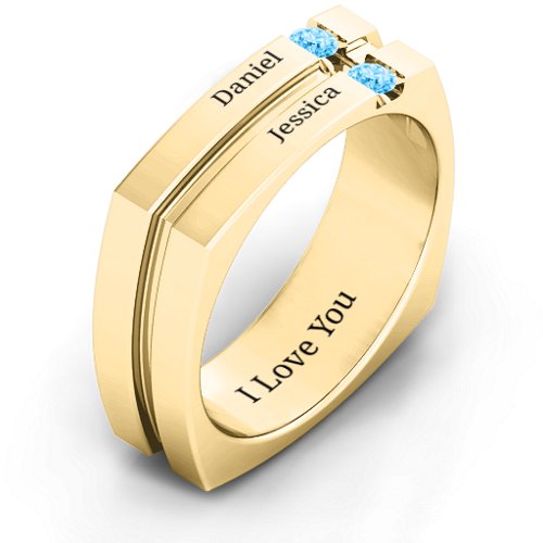 Men's Crevice Grooved Square-shaped Gemstone Ring – 10K Yellow Gold with Blue Topaz