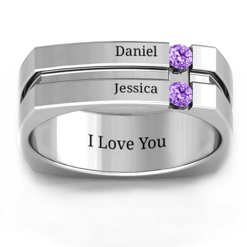 Men's Crevice Grooved Square-shaped Gemstone Ring – Sterling Silver with Amethyst