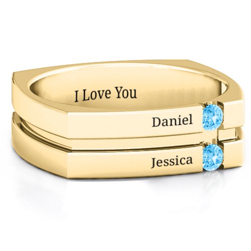 Men's Crevice Grooved Square-shaped Gemstone Ring – 10K Yellow Gold with Blue Topaz