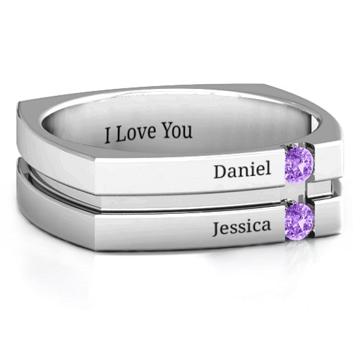 Men's Crevice Grooved Square-shaped Gemstone Ring – Sterling Silver with Amethyst