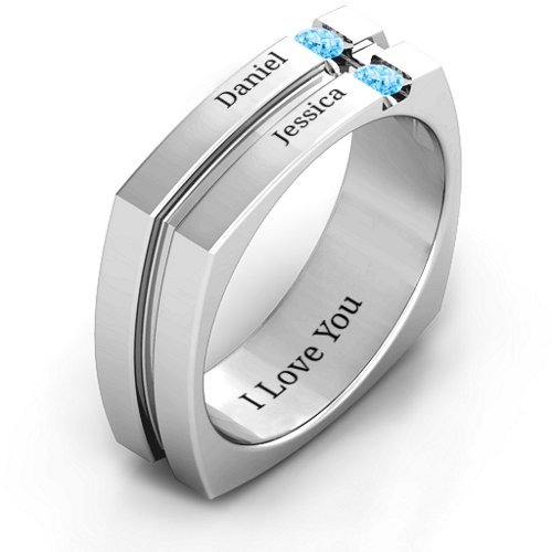 Men's Crevice Grooved Square-shaped Gemstone Ring – Sterling Silver with Blue Topaz