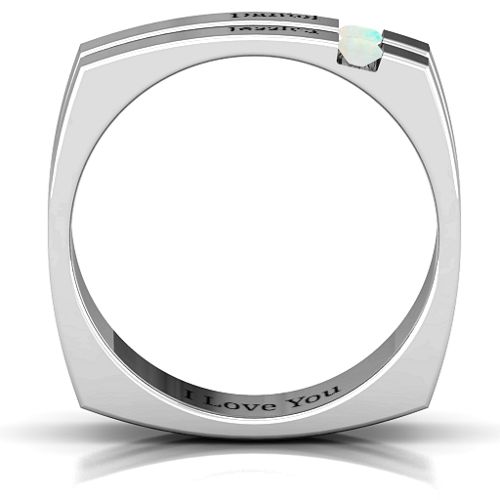 Men's Crevice Grooved Square-shaped Gemstone Ring – Sterling Silver with Opal