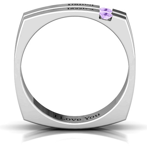 Men's Crevice Grooved Square-shaped Gemstone Ring – Sterling Silver with Amethyst