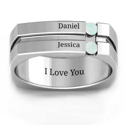 Men's Crevice Grooved Square-shaped Gemstone Ring – Sterling Silver with Opal