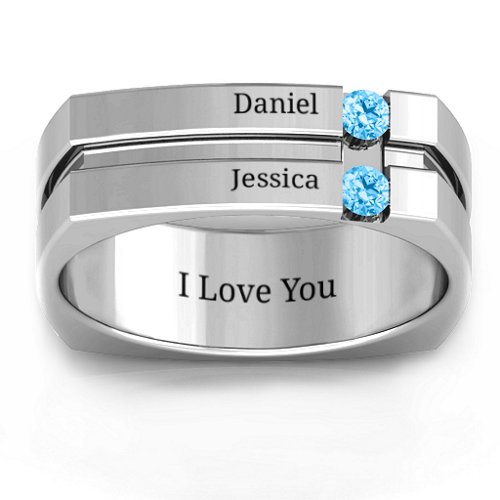 Men's Crevice Grooved Square-shaped Gemstone Ring – Sterling Silver with Blue Topaz
