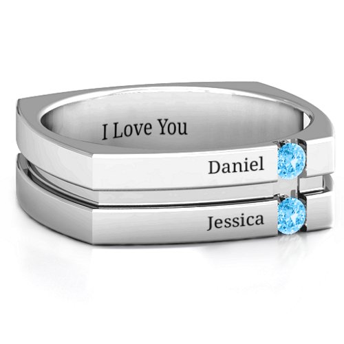 Men's Crevice Grooved Square-shaped Gemstone Ring – Sterling Silver with Blue Topaz