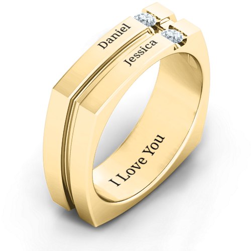 Men's Crevice Grooved Square-shaped Gemstone Ring – 10K Yellow Gold with Diamond