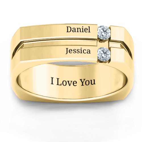 Men's Crevice Grooved Square-shaped Gemstone Ring – 10K Yellow Gold with Diamond