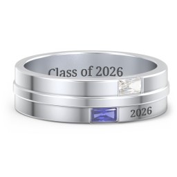 Men's Double Baguette Ring in 925 Sterling Silver with Cubic Zirconia and Blue Sapphire
