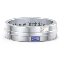 Men's Double Baguette Ring in 925 Sterling Silver with Cubic Zirconia and Blue Sapphire