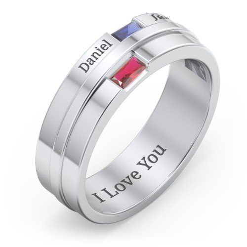 Men's Double Baguette Ring – Sterling Silver with Blue Sapphire and Garnet