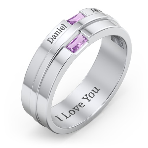 Men's Double Baguette Ring – Sterling Silver with Amethyst