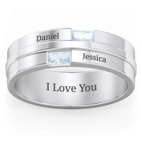 Men's Double Baguette Ring – Sterling Silver with Aquamarine