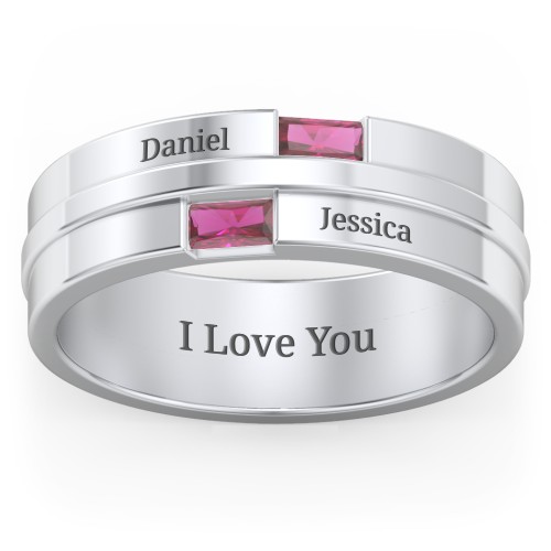 Men's Double Baguette Ring – Sterling Silver with Ruby