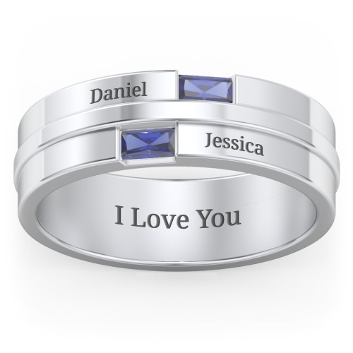 Men's Double Baguette Ring – Sterling Silver with Blue Sapphire