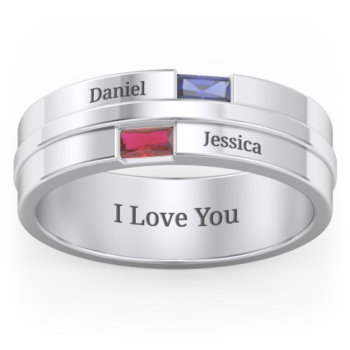 Men's Double Baguette Ring – Sterling Silver with Blue Sapphire and Garnet
