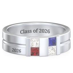 Men's Engravable 4 Stone Grooved Ring in 925 Sterling Silver with White Premium Zirconia, Garnet, Blue Sapphire, and Cubic Zirconia