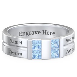Men's Engravable 4 Stone Grooved Ring in 925 Sterling Silver with Blue Topaz