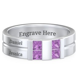 Men's Engravable 4 Stone Grooved Ring in 925 Sterling Silver with Amethyst