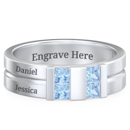 Men's Engravable 4 Stone Grooved Ring in 925 Sterling Silver with Blue Topaz