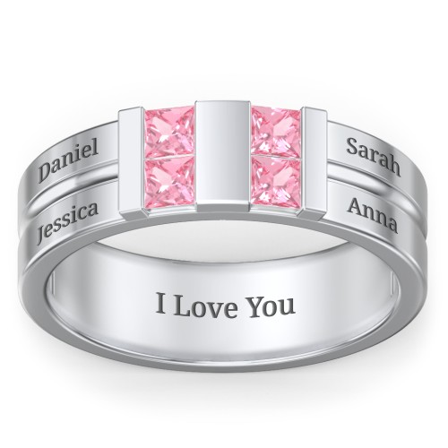 Men's Engravable 4 Stone Grooved Ring – Sterling Silver with Pink Tourmaline