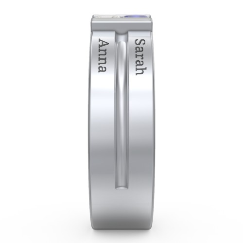 Men's Engravable 4 Stone Grooved Ring – 10K White Gold with Cubic Zirconia, Garnet, and Blue Sapphire