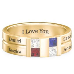 Men's Engravable 4 Stone Grooved Ring in 10K Solid Yellow Gold with White Premium Zirconia, Garnet, Blue Sapphire, and Cubic Zirconia