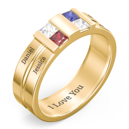 Men's Engravable 4 Stone Grooved Ring – 10K Yellow Gold with Cubic Zirconia, Garnet, and Blue Sapphire