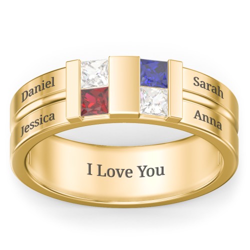 Men's Engravable 4 Stone Grooved Ring – 10K Yellow Gold with Cubic Zirconia, Garnet, and Blue Sapphire