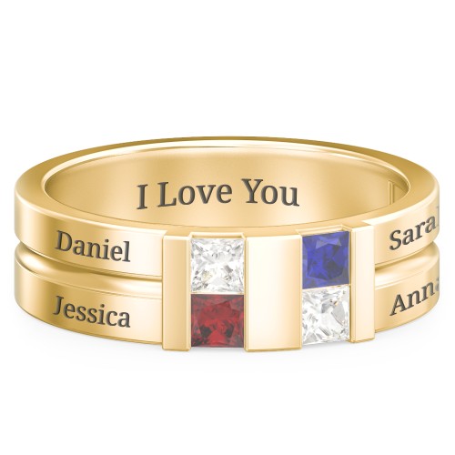 Men's Engravable 4 Stone Grooved Ring – 10K Yellow Gold with Cubic Zirconia, Garnet, and Blue Sapphire