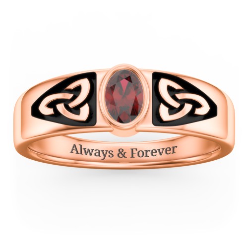 Men's Trinity Knot Ring With Oval Stone – 10K Rose Gold with Garnet