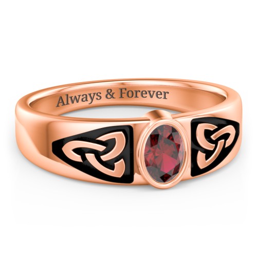 Men's Trinity Knot Ring With Oval Stone – 10K Rose Gold with Garnet
