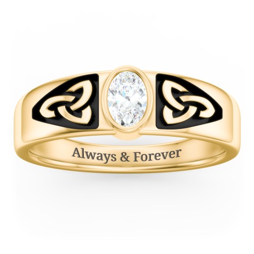 Men's Trinity Knot Ring With Oval Stone – 10K Yellow Gold with Diamond