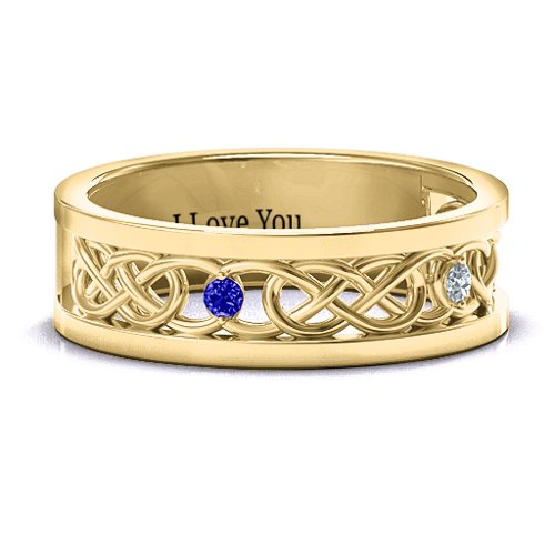 Men's Two-Stone Interwoven Infinity Band – 10K Yellow Gold with Blue Sapphire and Cubic Zirconia