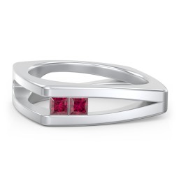 Men’s Squared Split Shank Ring with Princess Cut Gemstones in 925 Sterling Silver with Ruby