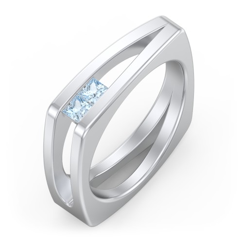 Men’s Squared Split Shank Ring with Princess Cut Gemstones – Sterling Silver with Aquamarine