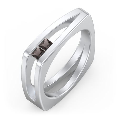 Men’s Squared Split Shank Ring with Princess Cut Gemstones – Sterling Silver with Smokey Quartz