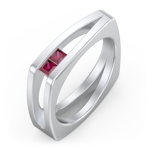 Men’s Squared Split Shank Ring with Princess Cut Gemstones – Sterling Silver with Ruby