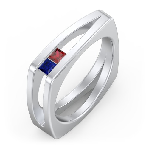 Men’s Squared Split Shank Ring with Princess Cut Gemstones – Sterling Silver with Blue Sapphire and Garnet