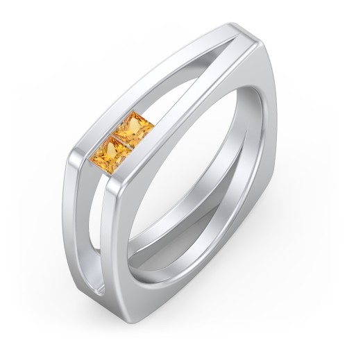 Men’s Squared Split Shank Ring with Princess Cut Gemstones – Sterling Silver with Citrine