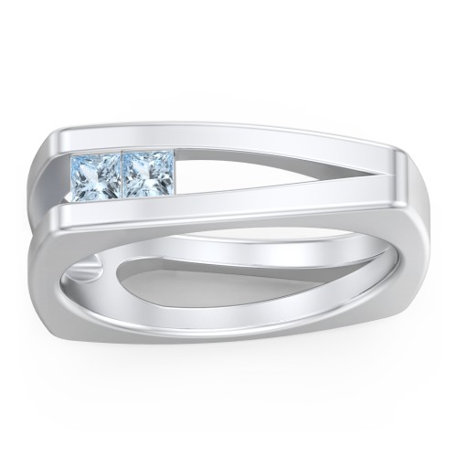 Men’s Squared Split Shank Ring with Princess Cut Gemstones – Sterling Silver with Aquamarine