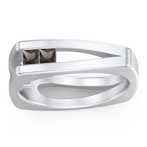 Men’s Squared Split Shank Ring with Princess Cut Gemstones – Sterling Silver with Smokey Quartz