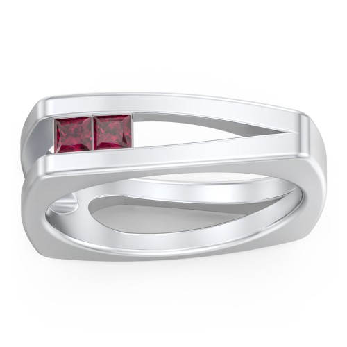 Men’s Squared Split Shank Ring with Princess Cut Gemstones – Sterling Silver with Ruby
