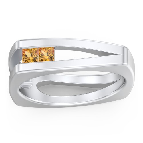 Men’s Squared Split Shank Ring with Princess Cut Gemstones – Sterling Silver with Citrine