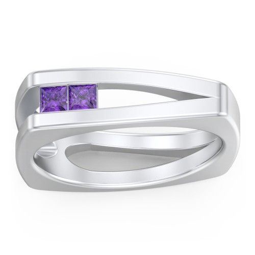 Men’s Squared Split Shank Ring with Princess Cut Gemstones – Sterling Silver with Amethyst