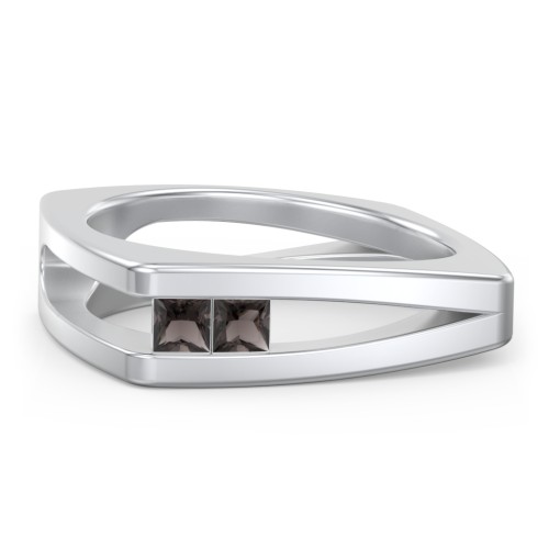 Men’s Squared Split Shank Ring with Princess Cut Gemstones – Sterling Silver with Smokey Quartz