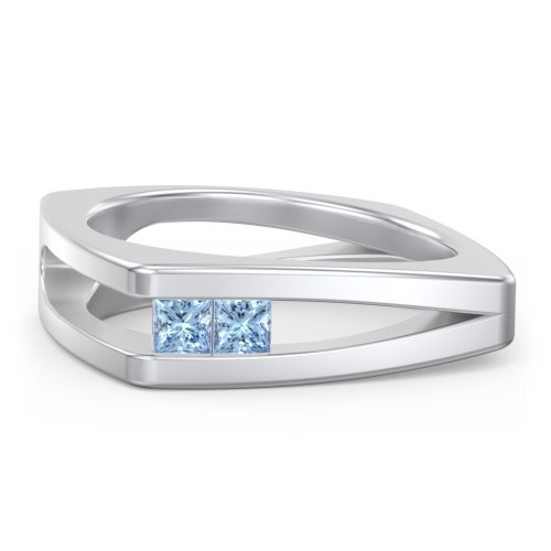Men’s Squared Split Shank Ring with Princess Cut Gemstones – Sterling Silver with Blue Topaz