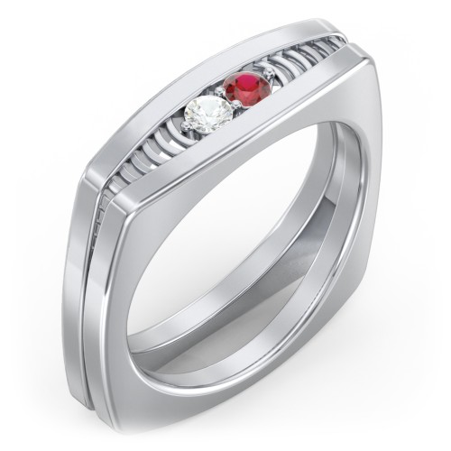 Men’s Squared Ring with Gemstones – Sterling Silver with Cubic Zirconia and Garnet
