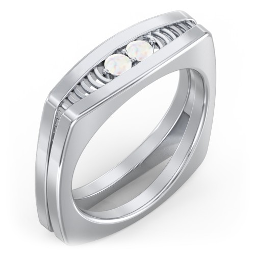 Men’s Squared Ring with Gemstones – Sterling Silver with Opal